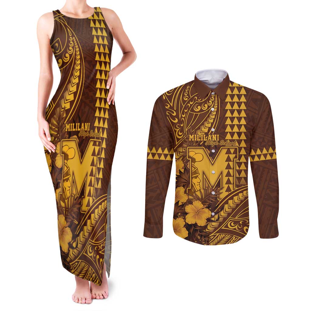 Personalised Hawaii Mililani High School Couples Matching Tank Maxi Dress and Long Sleeve Button Shirt Tribal Tattoo With Hibiscus Flowers