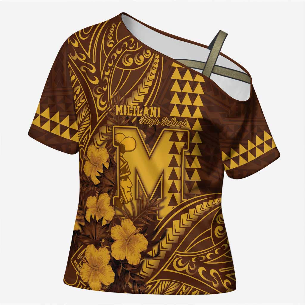 Personalised Hawaii Mililani High School Cross Shoulder Shirt Tribal Tattoo With Hibiscus Flowers LT05 Female Brown - Polynesian Pride