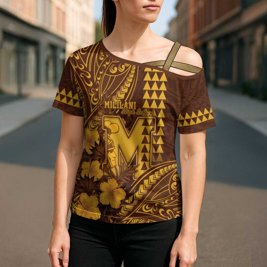 Personalised Hawaii Mililani High School Cross Shoulder Shirt Tribal Tattoo With Hibiscus Flowers LT05 - Polynesian Pride