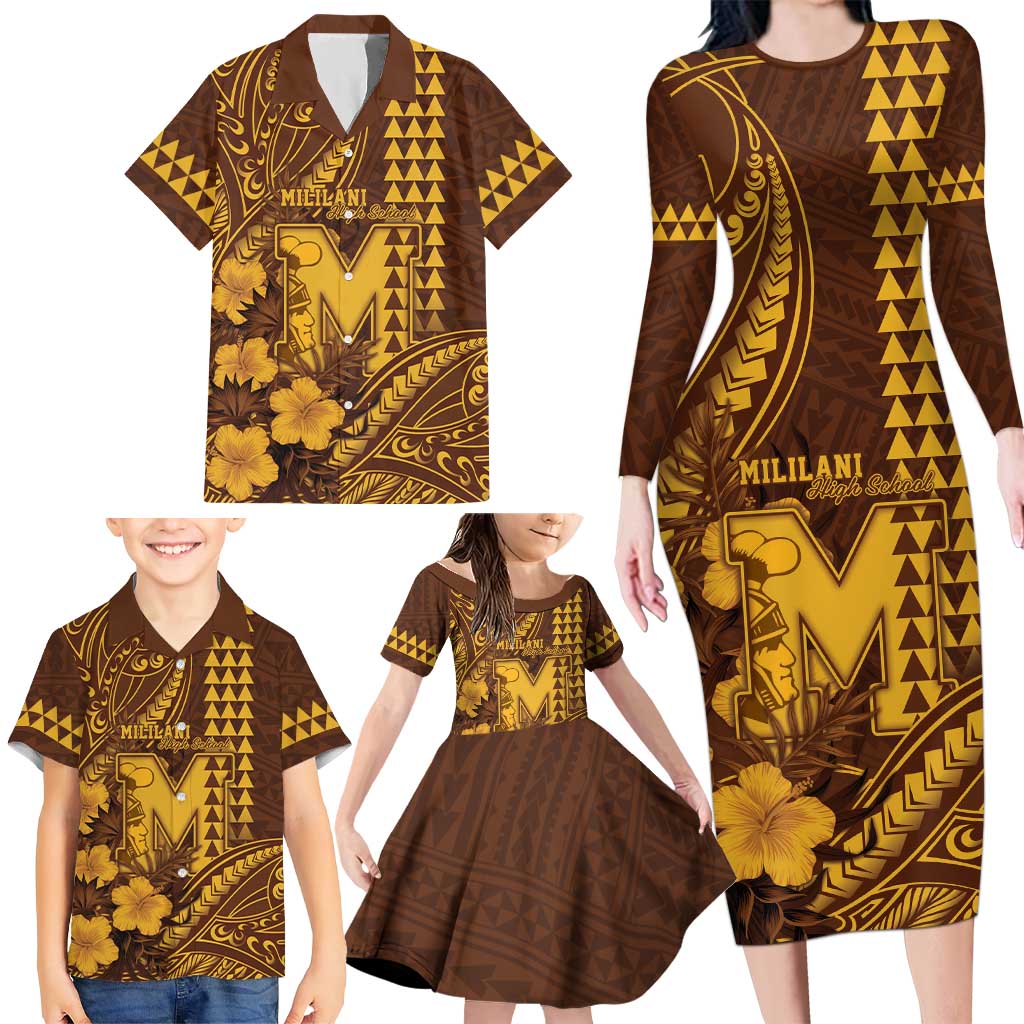 Personalised Hawaii Mililani High School Family Matching Long Sleeve Bodycon Dress and Hawaiian Shirt Tribal Tattoo With Hibiscus Flowers