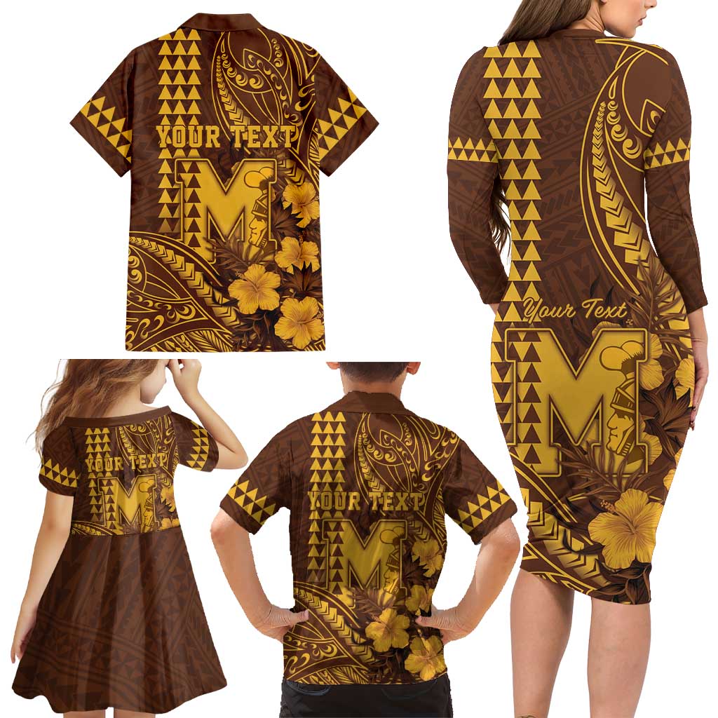 Personalised Hawaii Mililani High School Family Matching Long Sleeve Bodycon Dress and Hawaiian Shirt Tribal Tattoo With Hibiscus Flowers