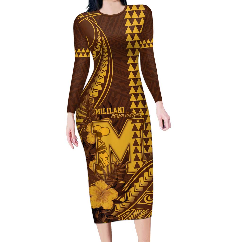 Personalised Hawaii Mililani High School Family Matching Long Sleeve Bodycon Dress and Hawaiian Shirt Tribal Tattoo With Hibiscus Flowers