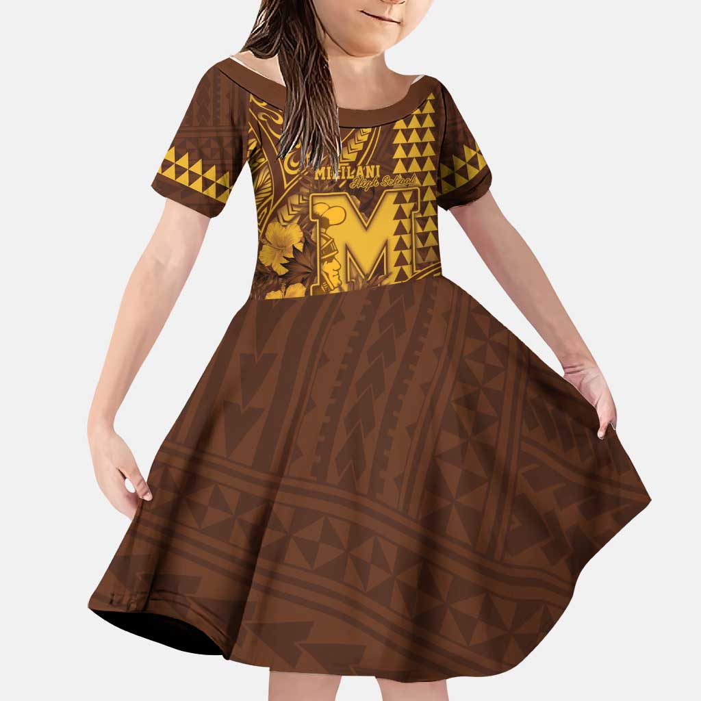 Personalised Hawaii Mililani High School Family Matching Off The Shoulder Long Sleeve Dress and Hawaiian Shirt Tribal Tattoo With Hibiscus Flowers LT05 Daughter's Dress Brown - Polynesian Pride