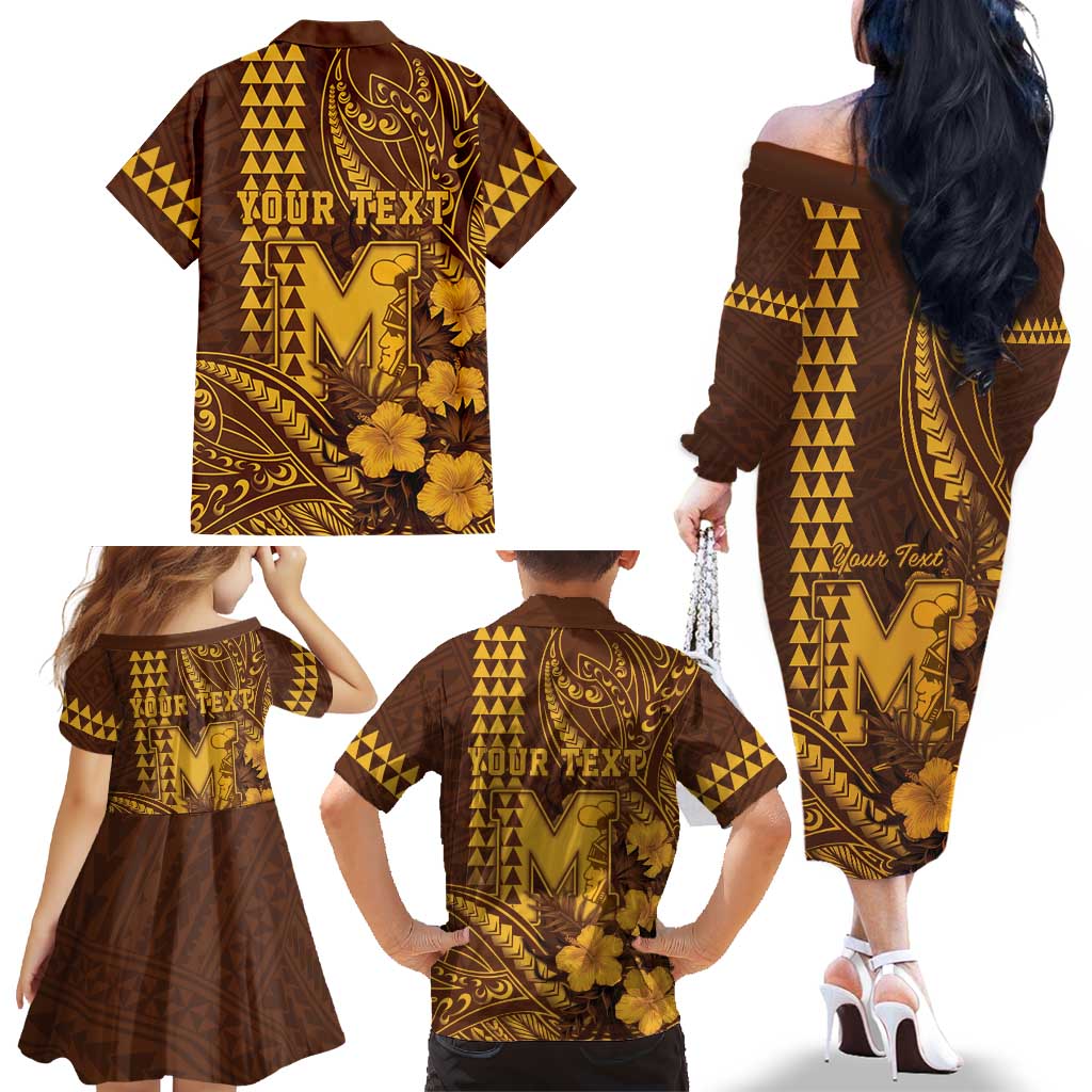 Personalised Hawaii Mililani High School Family Matching Off The Shoulder Long Sleeve Dress and Hawaiian Shirt Tribal Tattoo With Hibiscus Flowers LT05 - Polynesian Pride