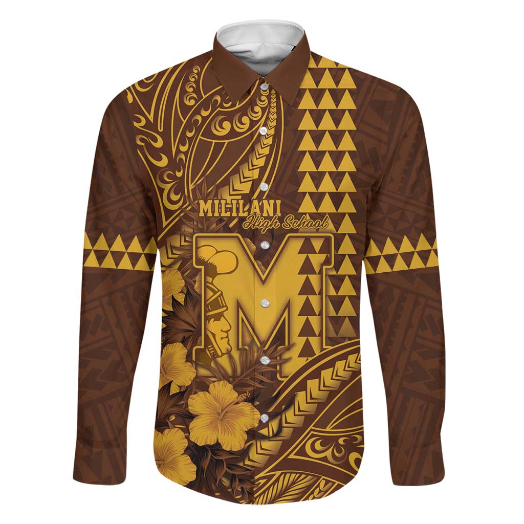 Personalised Hawaii Mililani High School Family Matching Off The Shoulder Long Sleeve Dress and Hawaiian Shirt Tribal Tattoo With Hibiscus Flowers LT05 Dad's Shirt - Long Sleeve Brown - Polynesian Pride