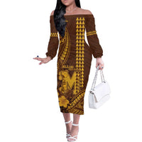 Personalised Hawaii Mililani High School Family Matching Off The Shoulder Long Sleeve Dress and Hawaiian Shirt Tribal Tattoo With Hibiscus Flowers LT05 Mom's Dress Brown - Polynesian Pride
