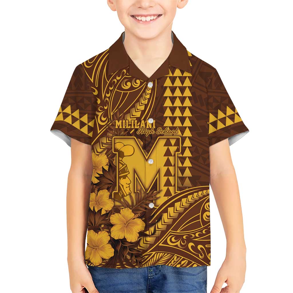 Personalised Hawaii Mililani High School Family Matching Off The Shoulder Long Sleeve Dress and Hawaiian Shirt Tribal Tattoo With Hibiscus Flowers LT05 Son's Shirt Brown - Polynesian Pride