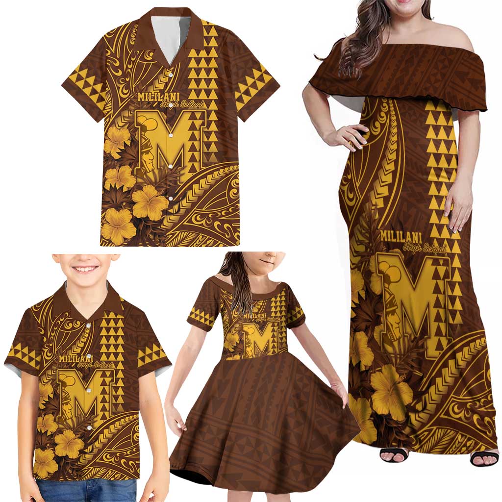 Personalised Hawaii Mililani High School Family Matching Off Shoulder Maxi Dress and Hawaiian Shirt Tribal Tattoo With Hibiscus Flowers