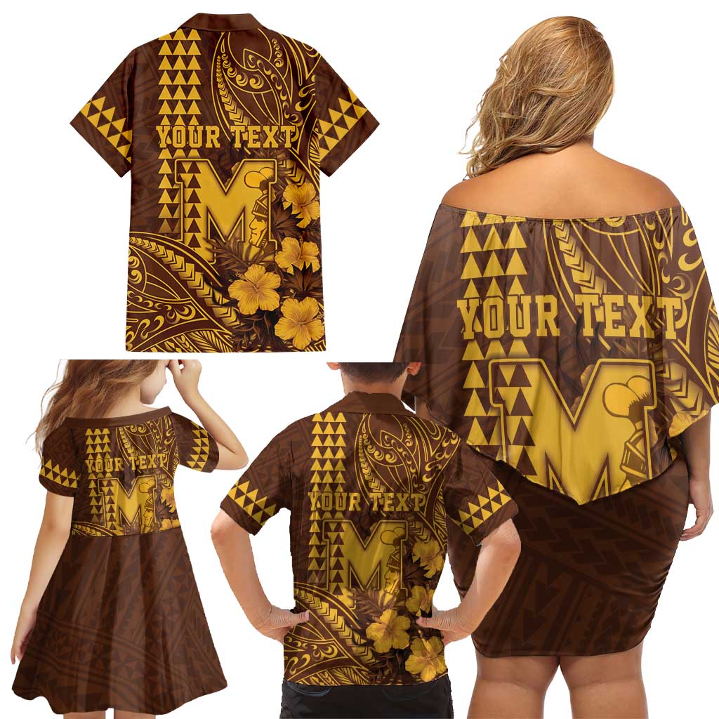 Personalised Hawaii Mililani High School Family Matching Off Shoulder Short Dress and Hawaiian Shirt Tribal Tattoo With Hibiscus Flowers