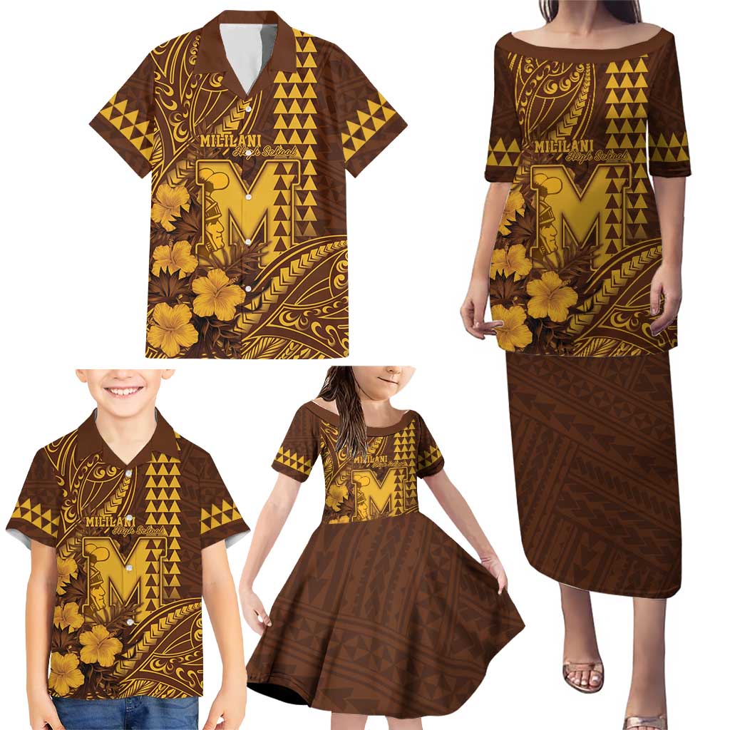 Personalised Hawaii Mililani High School Family Matching Puletasi and Hawaiian Shirt Tribal Tattoo With Hibiscus Flowers