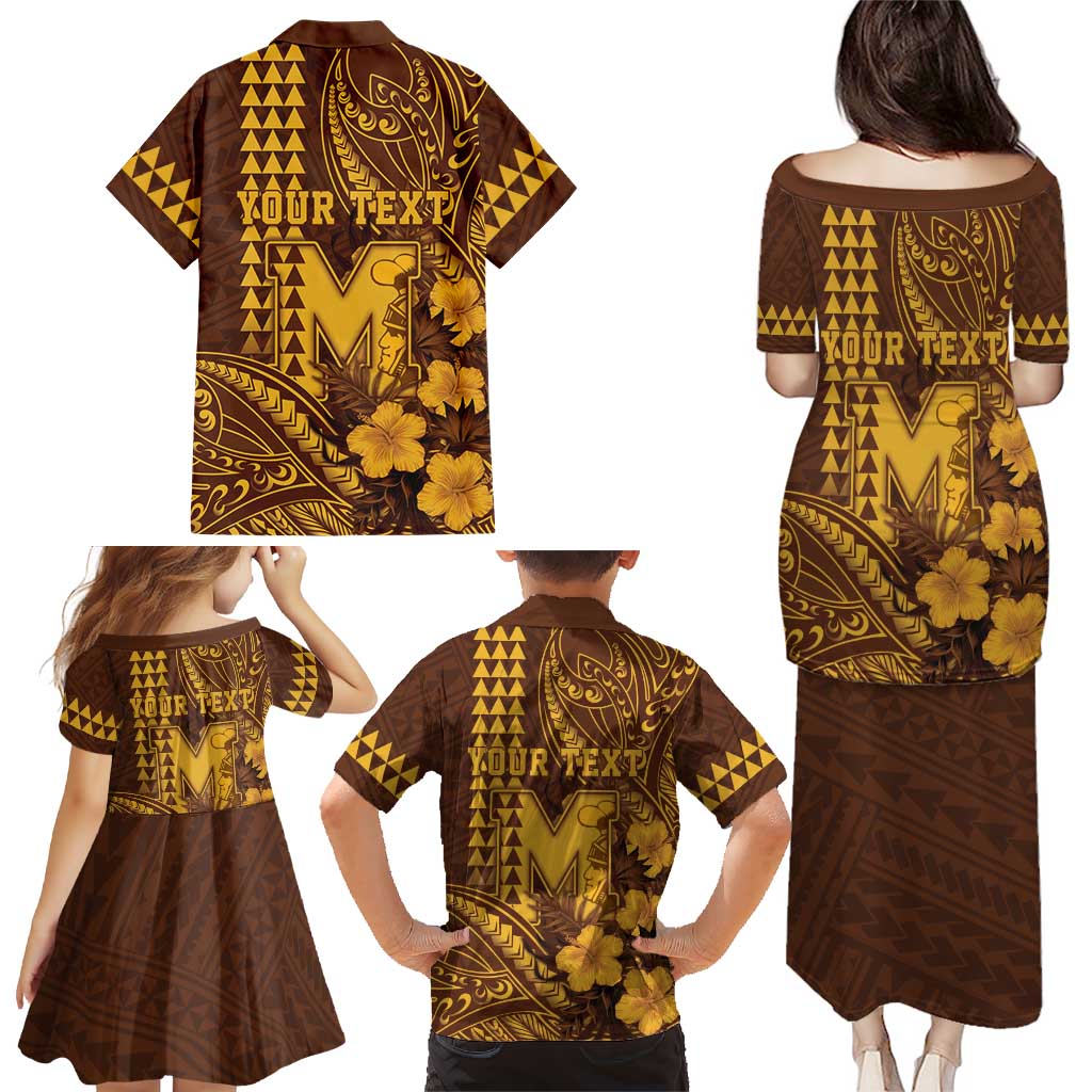 Personalised Hawaii Mililani High School Family Matching Puletasi and Hawaiian Shirt Tribal Tattoo With Hibiscus Flowers