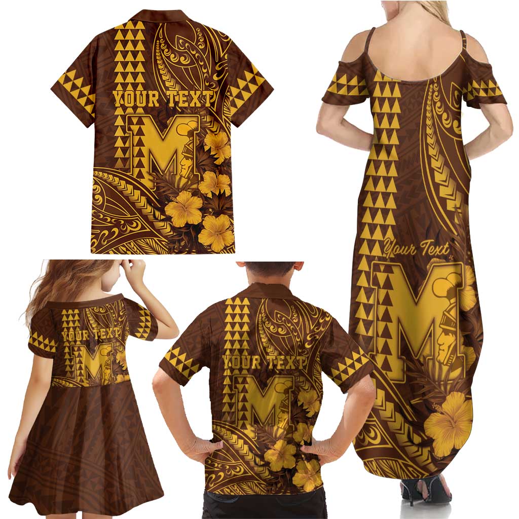 Personalised Hawaii Mililani High School Family Matching Summer Maxi Dress and Hawaiian Shirt Tribal Tattoo With Hibiscus Flowers