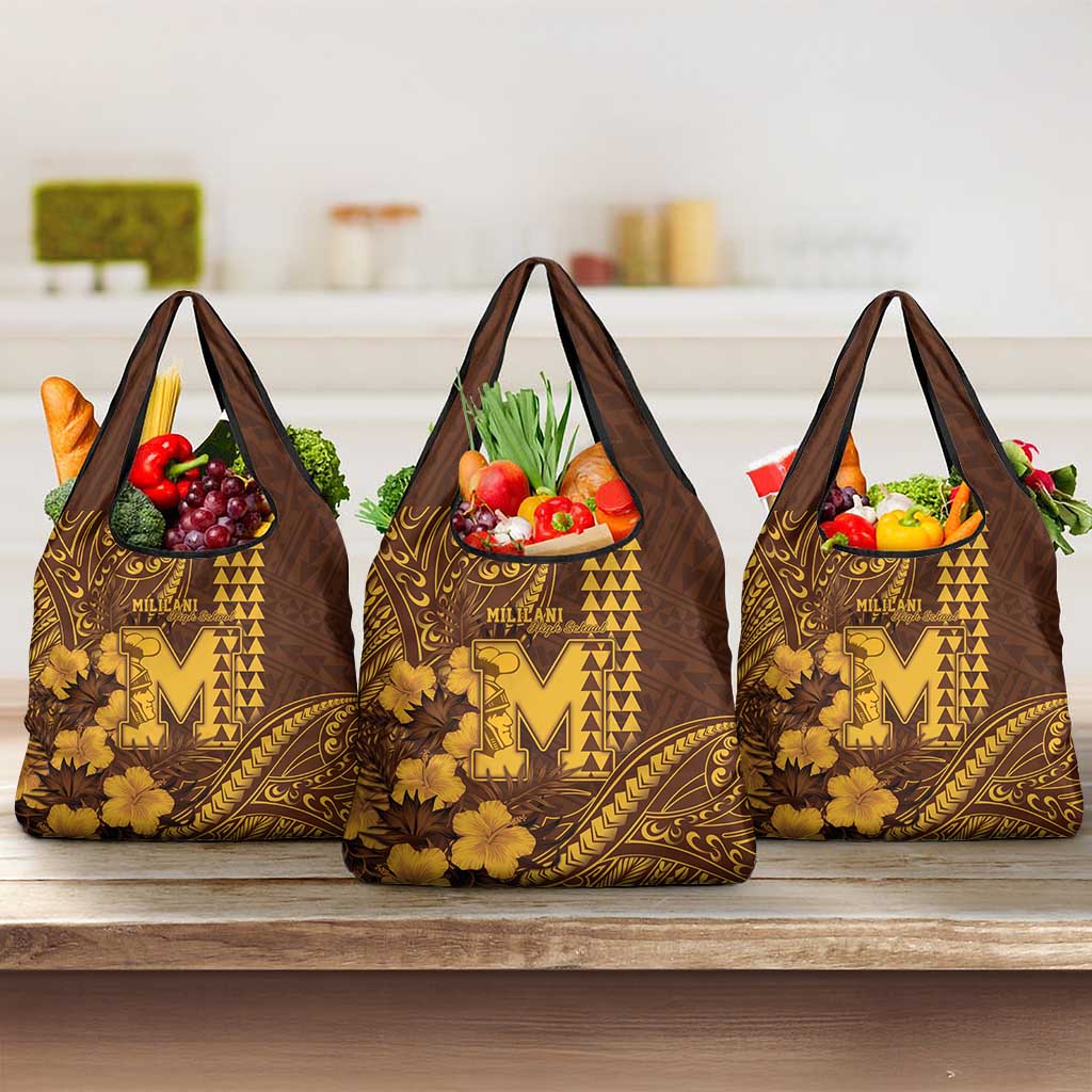 Hawaii Mililani High School Grocery Bag Tribal Tattoo With Hibiscus Flowers