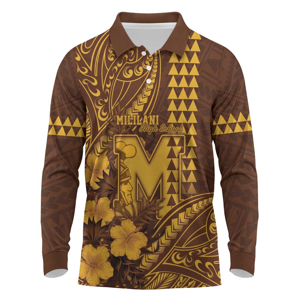 Personalised Hawaii Mililani High School Long Sleeve Polo Shirt Tribal Tattoo With Hibiscus Flowers