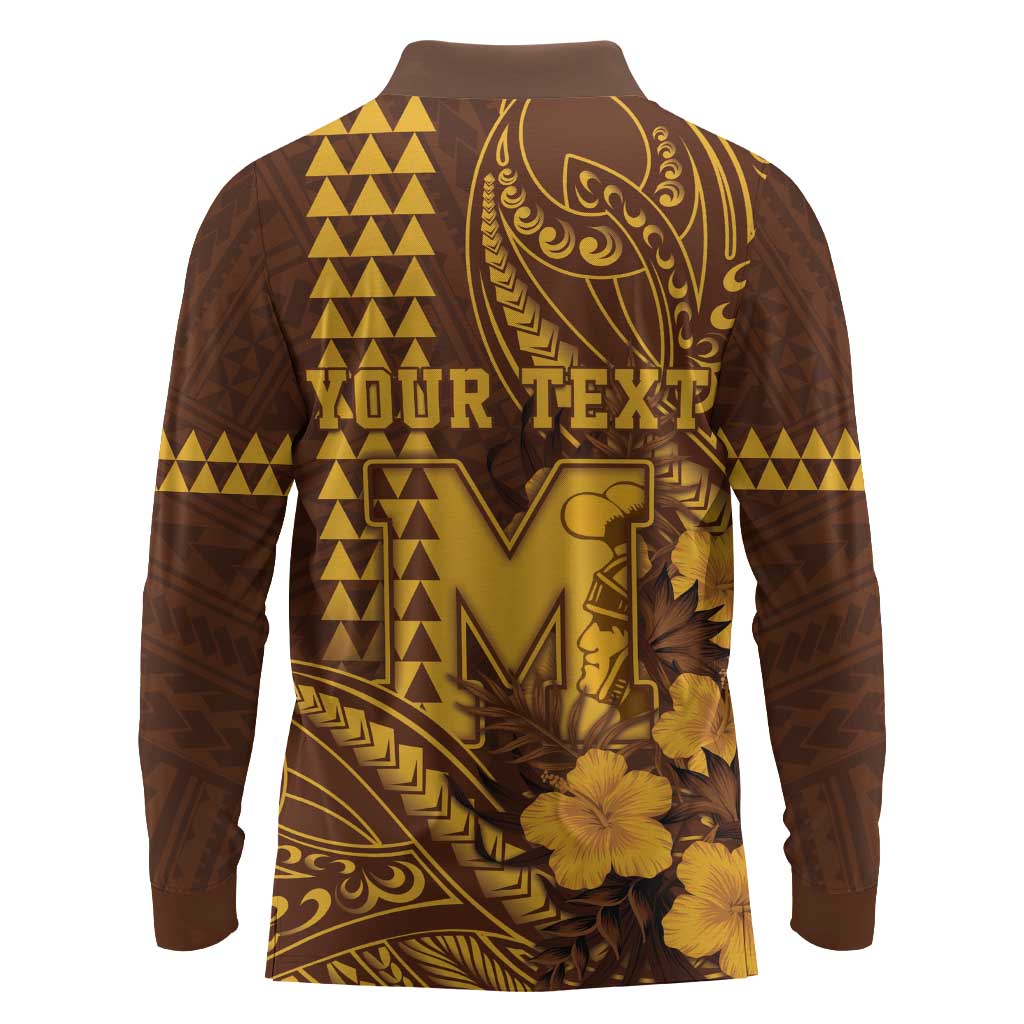 Personalised Hawaii Mililani High School Long Sleeve Polo Shirt Tribal Tattoo With Hibiscus Flowers
