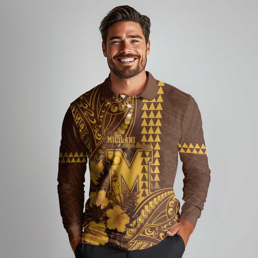 Personalised Hawaii Mililani High School Long Sleeve Polo Shirt Tribal Tattoo With Hibiscus Flowers