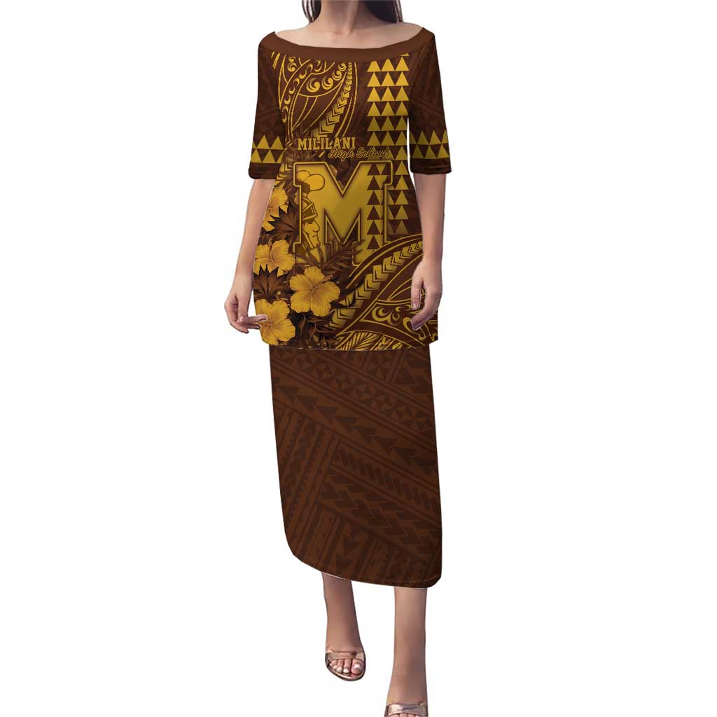 Personalised Hawaii Mililani High School Puletasi Tribal Tattoo With Hibiscus Flowers LT05 Long Dress Brown - Polynesian Pride