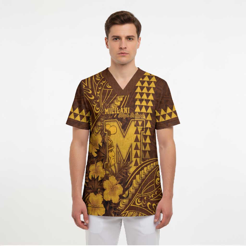 Personalised Hawaii Mililani High School Scrub Top Tribal Tattoo With Hibiscus Flowers
