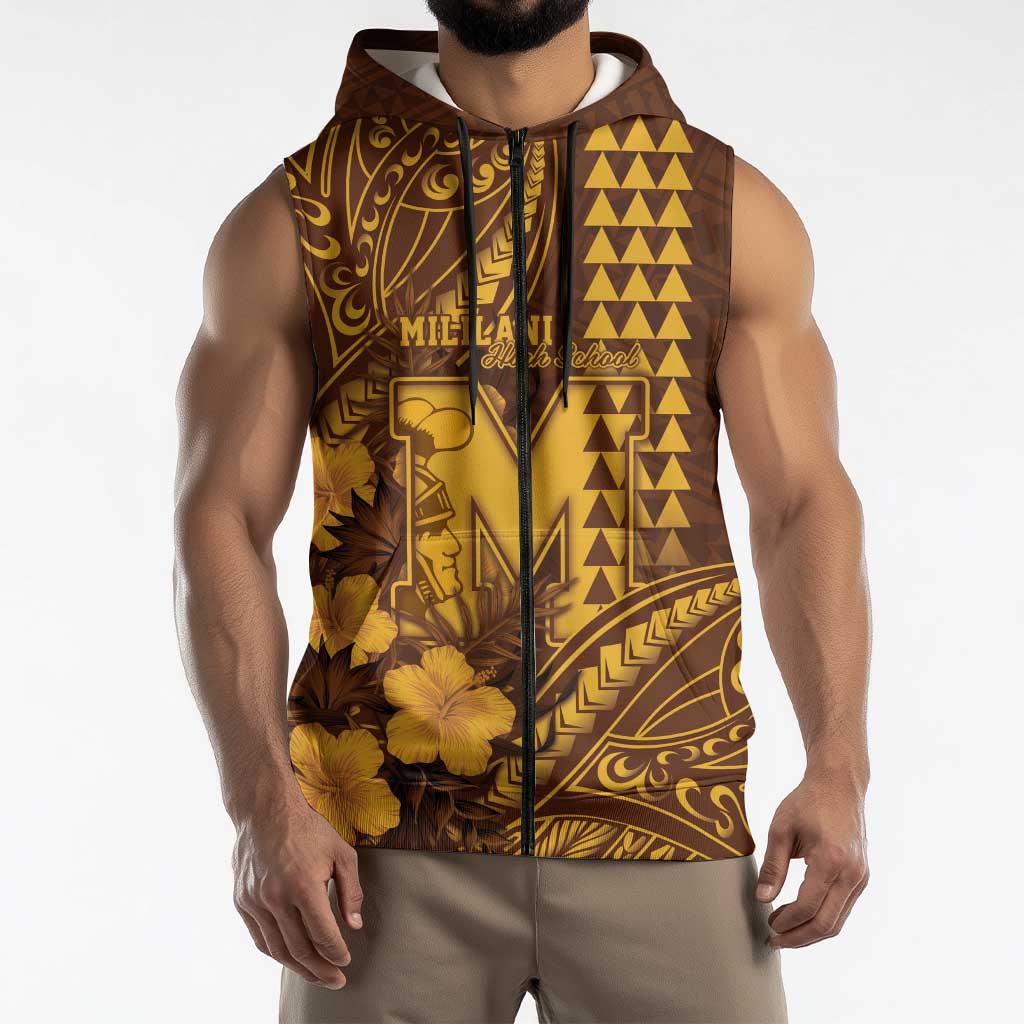 Personalised Hawaii Mililani High School Sleeveless Zip Hoodie Tribal Tattoo With Hibiscus Flowers