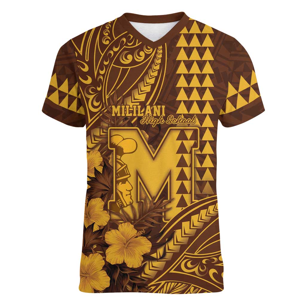 Personalised Hawaii Mililani High School Women V-Neck T-Shirt Tribal Tattoo With Hibiscus Flowers