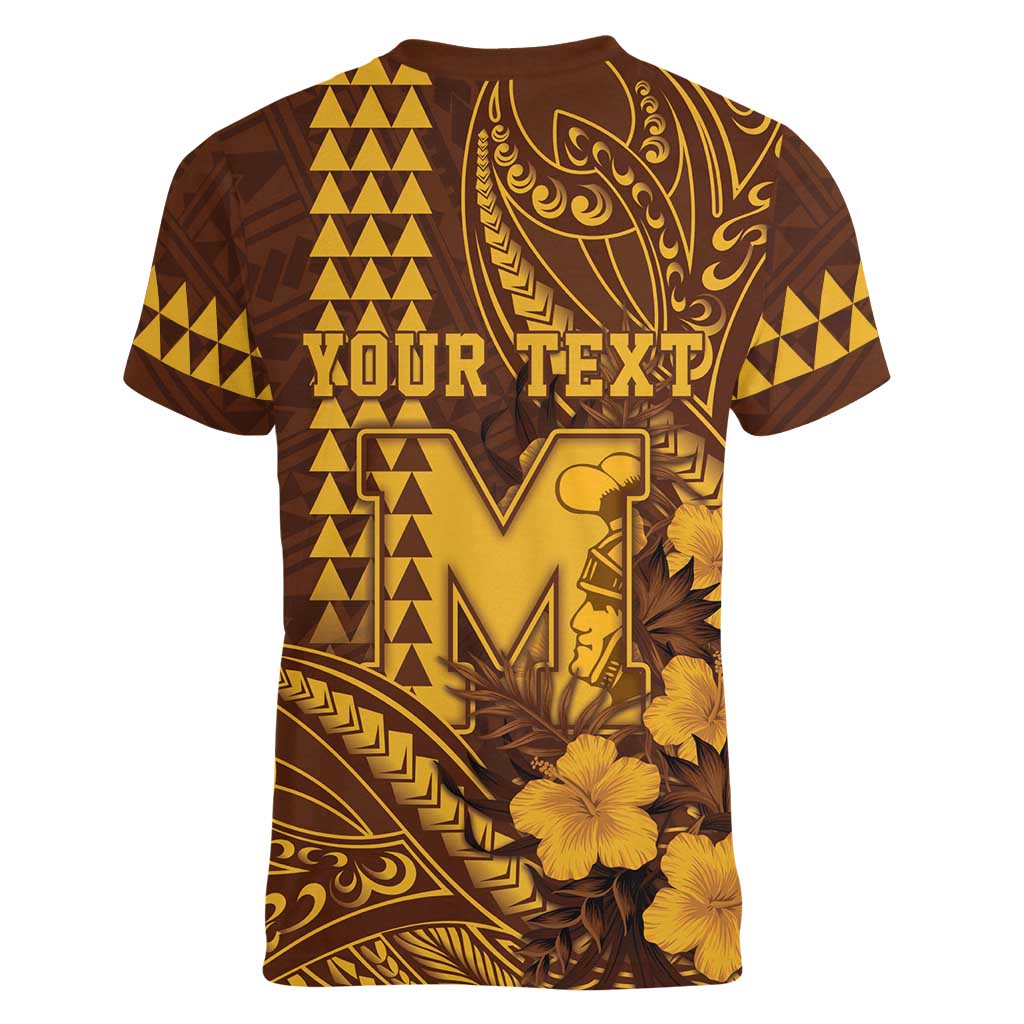 Personalised Hawaii Mililani High School Women V-Neck T-Shirt Tribal Tattoo With Hibiscus Flowers