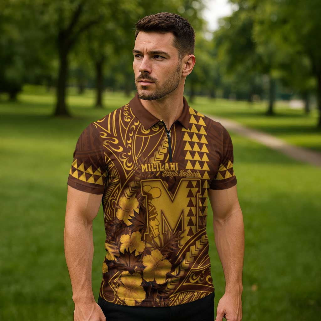 Personalised Hawaii Mililani High School Zipper Polo Shirt Tribal Tattoo With Hibiscus Flowers