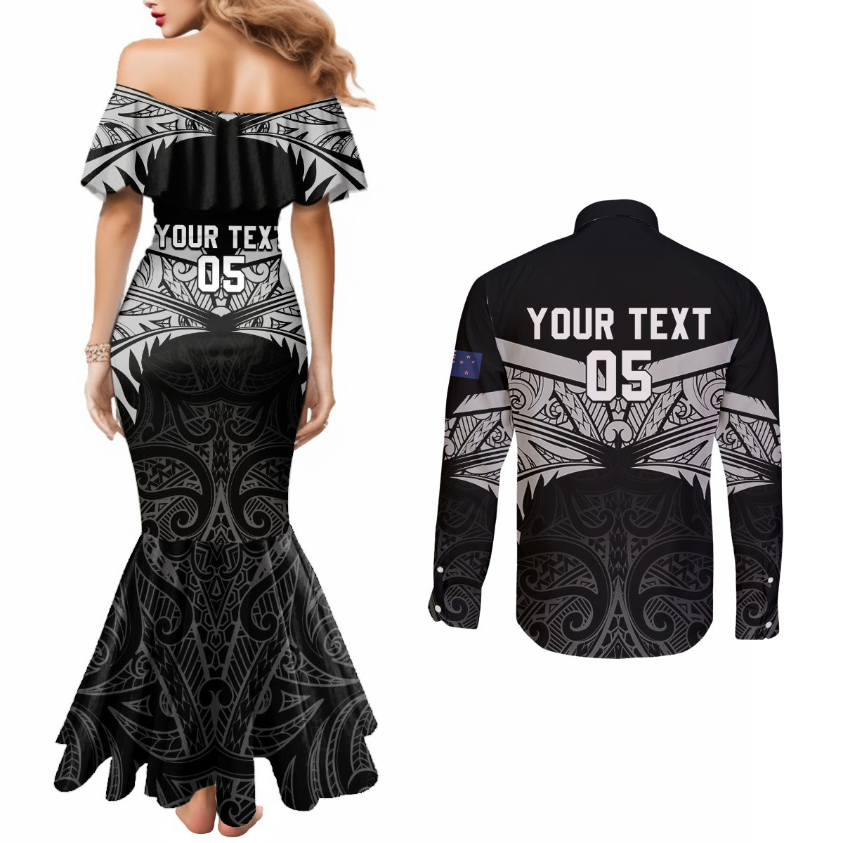 Custom New Zealand Cricket Couples Matching Mermaid Dress and Long Sleeve Button Shirt Go Champions World Cup 2024 With Maori Pattern