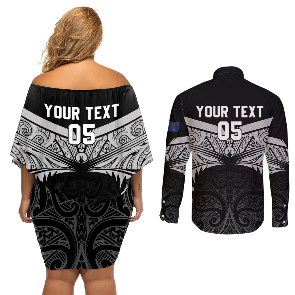 Custom New Zealand Cricket Couples Matching Off Shoulder Short Dress and Long Sleeve Button Shirt Go Champions World Cup 2024 With Maori Pattern