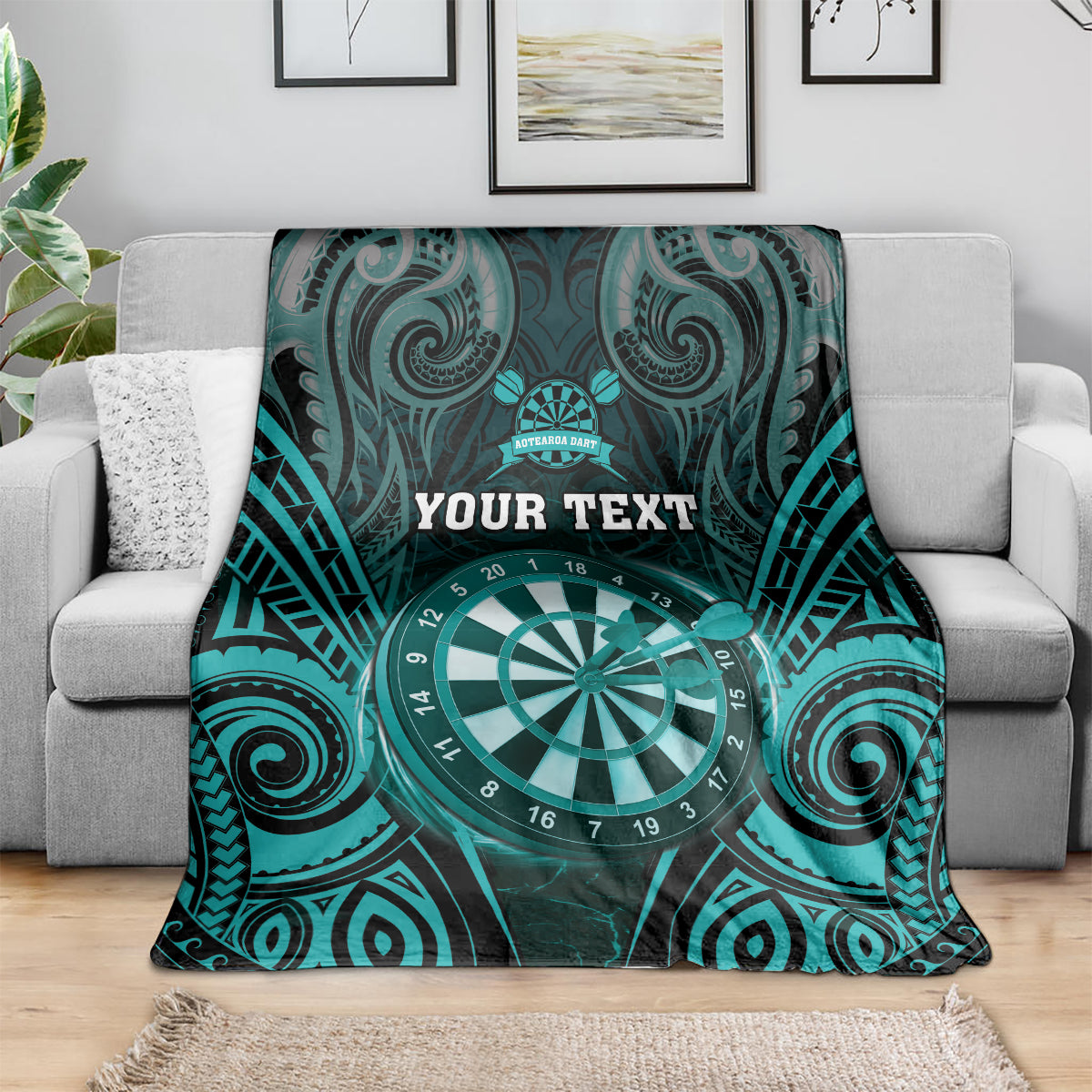 Personalised New Zealand Darts Blanket Turquoise Dart Board Maori Pattern