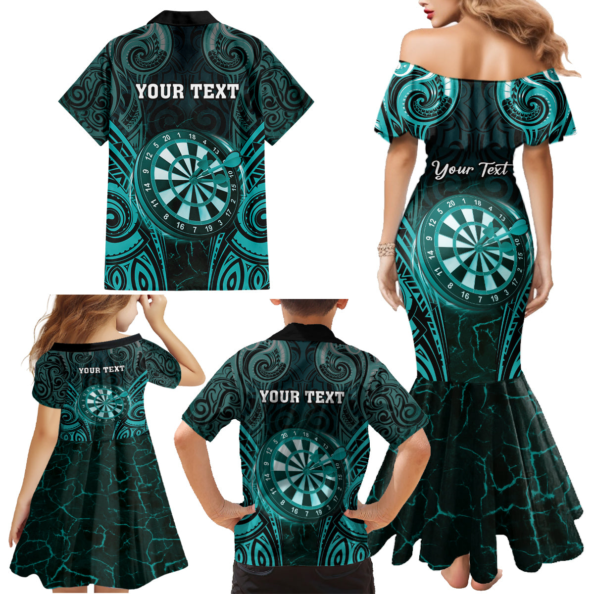 Personalised New Zealand Darts Family Matching Mermaid Dress and Hawaiian Shirt Turquoise Dart Board Maori Pattern