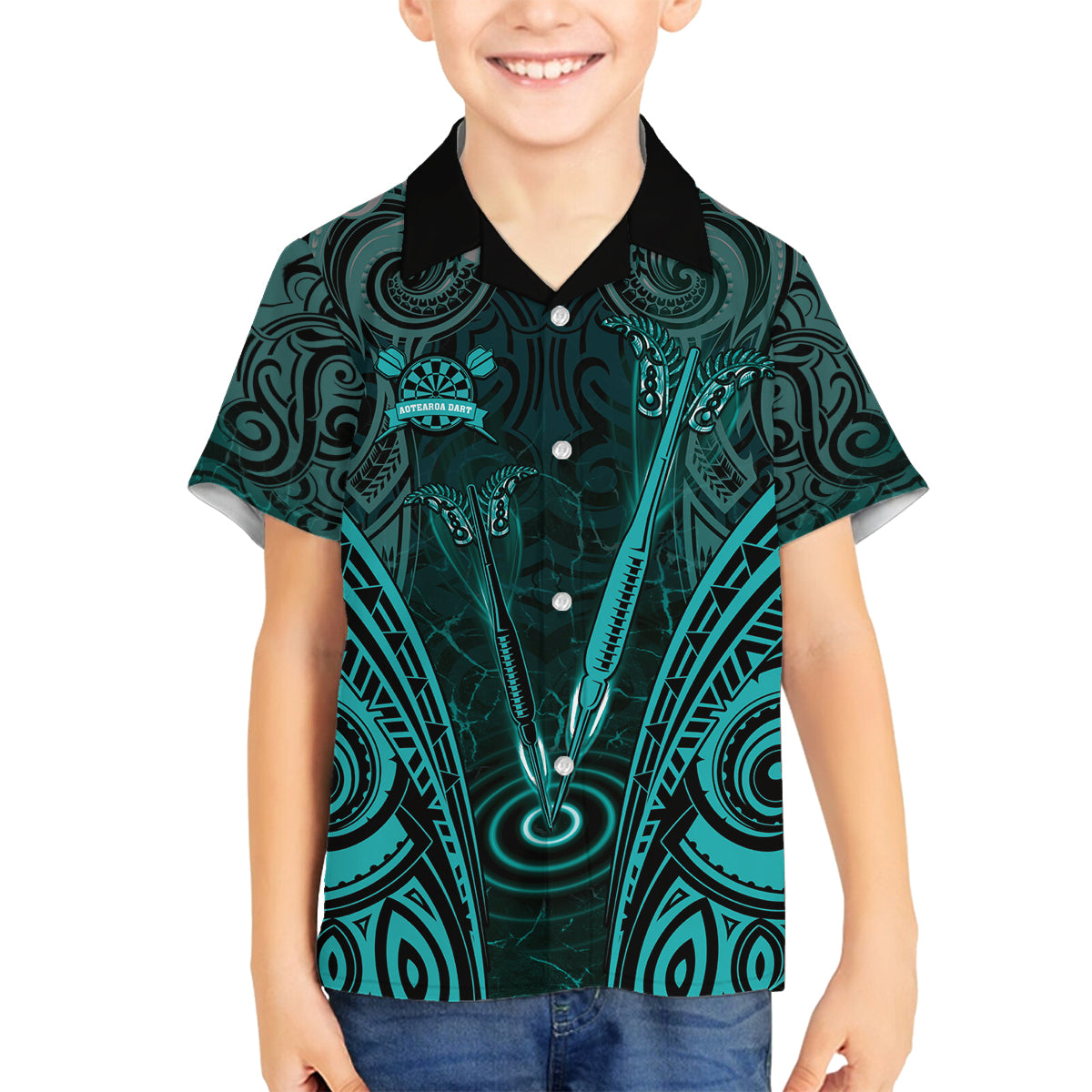 Personalised New Zealand Darts Family Matching Puletasi and Hawaiian Shirt Turquoise Dart Board Maori Pattern