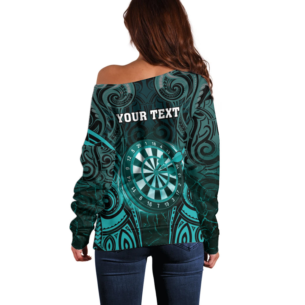 Personalised New Zealand Darts Off Shoulder Sweater Turquoise Dart Board Maori Pattern