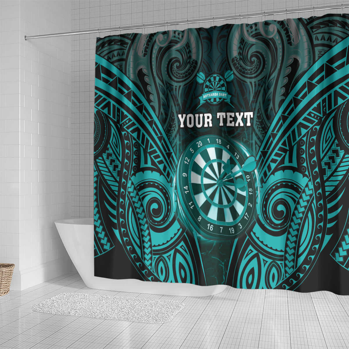 Personalised New Zealand Darts Shower Curtain Turquoise Dart Board Maori Pattern