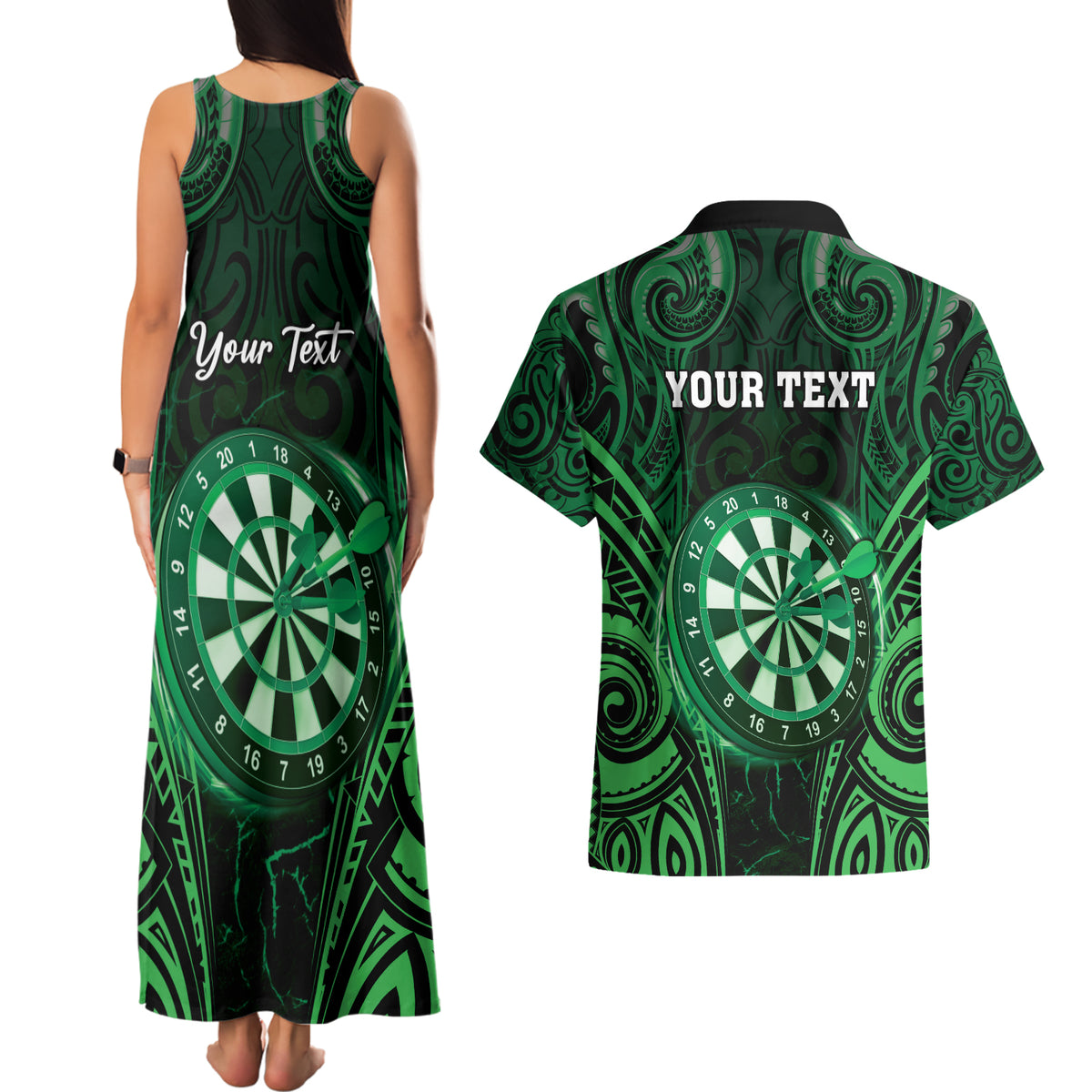Personalised New Zealand Darts Couples Matching Tank Maxi Dress and Hawaiian Shirt Green Dart Board Maori Pattern