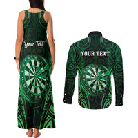 Personalised New Zealand Darts Couples Matching Tank Maxi Dress and Long Sleeve Button Shirt Green Dart Board Maori Pattern