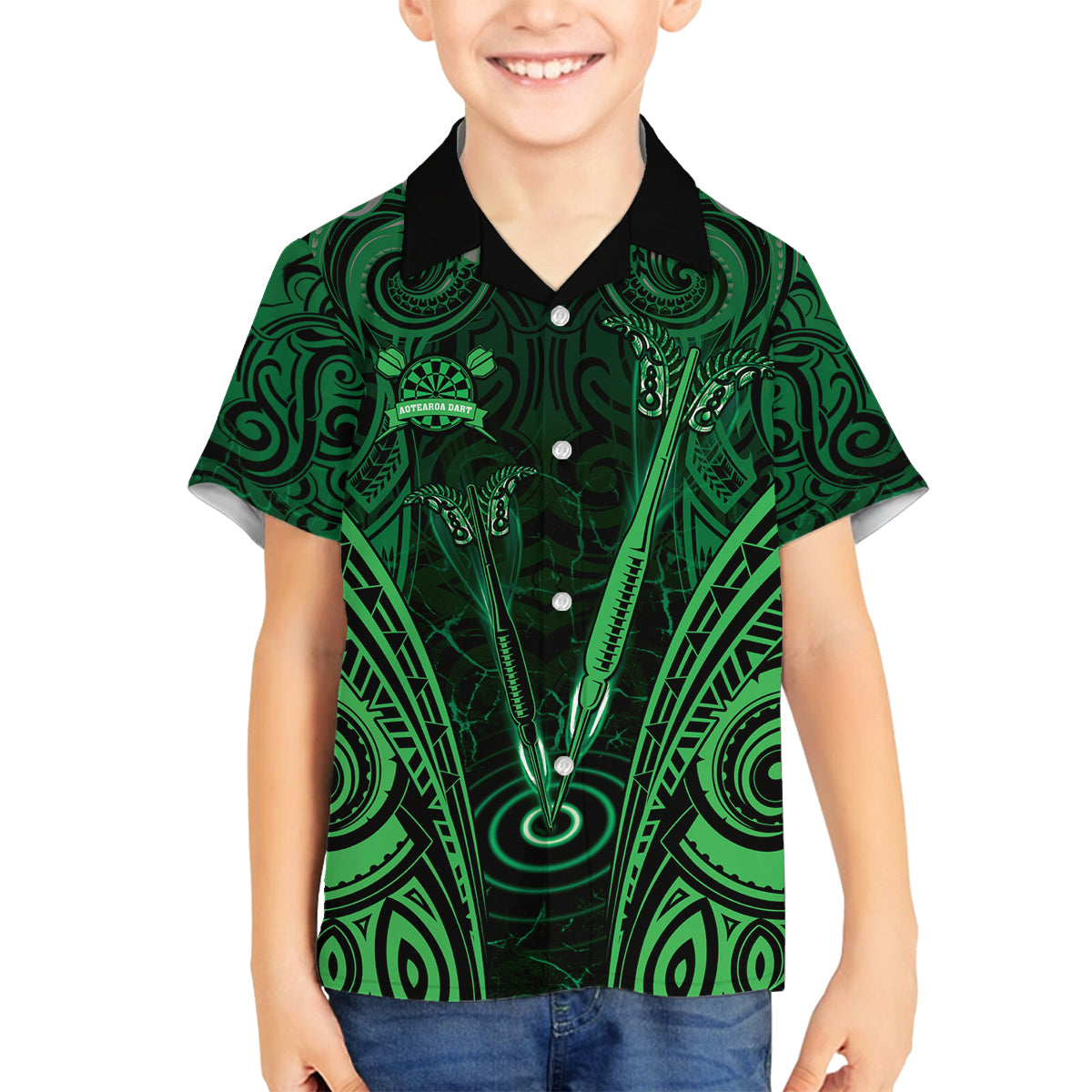 Personalised New Zealand Darts Family Matching Tank Maxi Dress and Hawaiian Shirt Green Dart Board Maori Pattern
