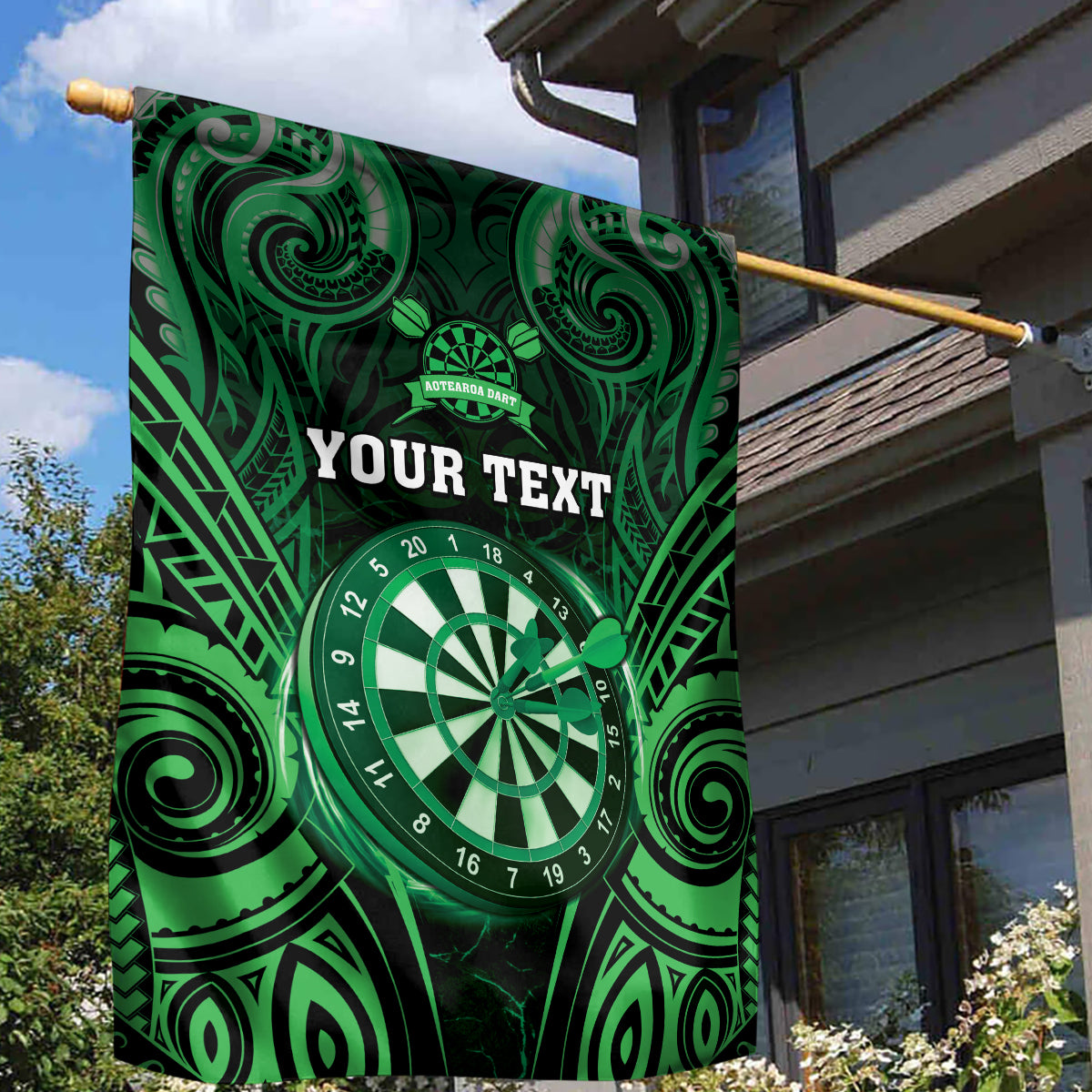 Personalised New Zealand Darts Garden Flag Green Dart Board Maori Pattern