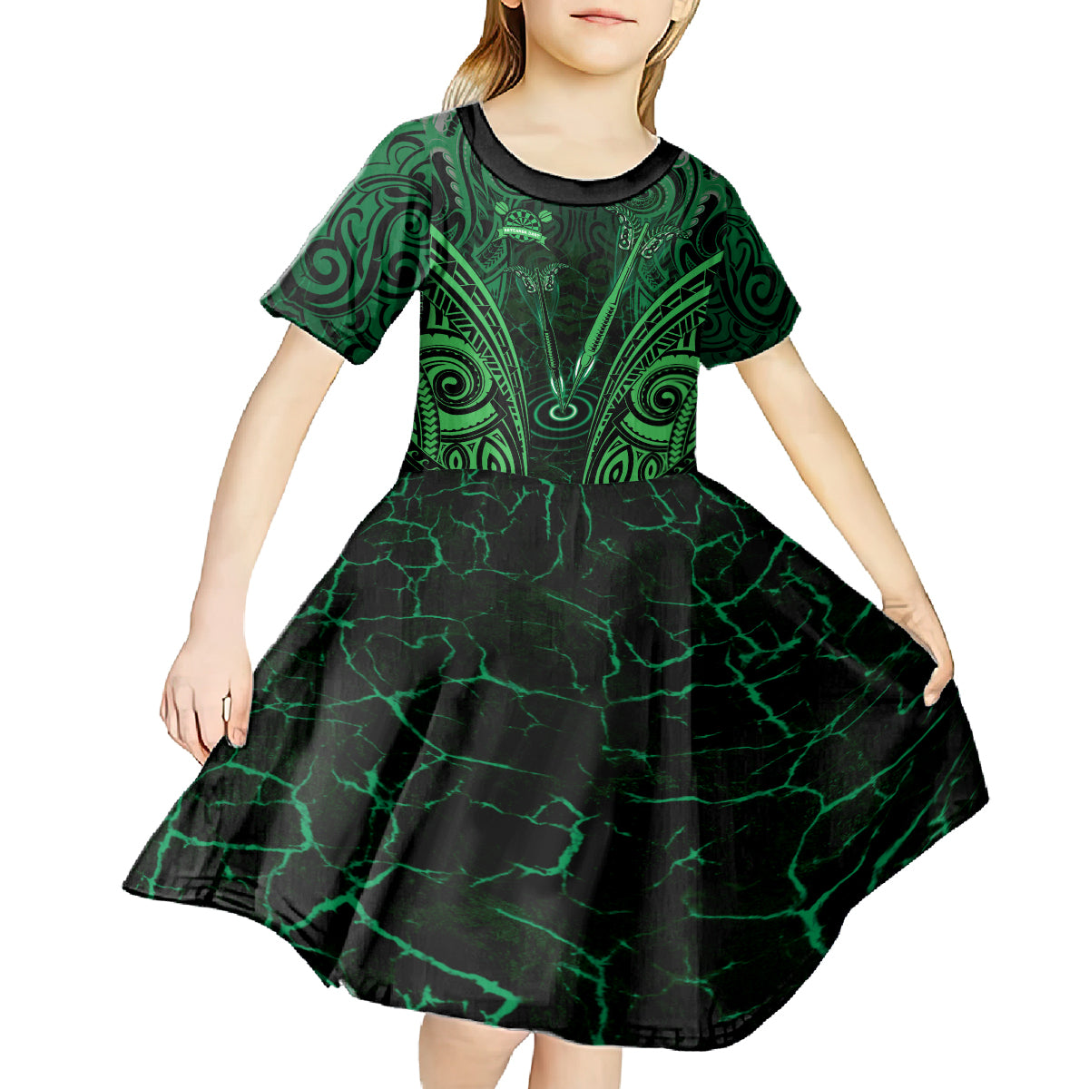 Personalised New Zealand Darts Kid Short Sleeve Dress Green Dart Board Maori Pattern