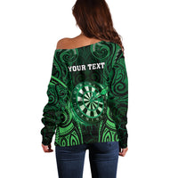 Personalised New Zealand Darts Off Shoulder Sweater Green Dart Board Maori Pattern