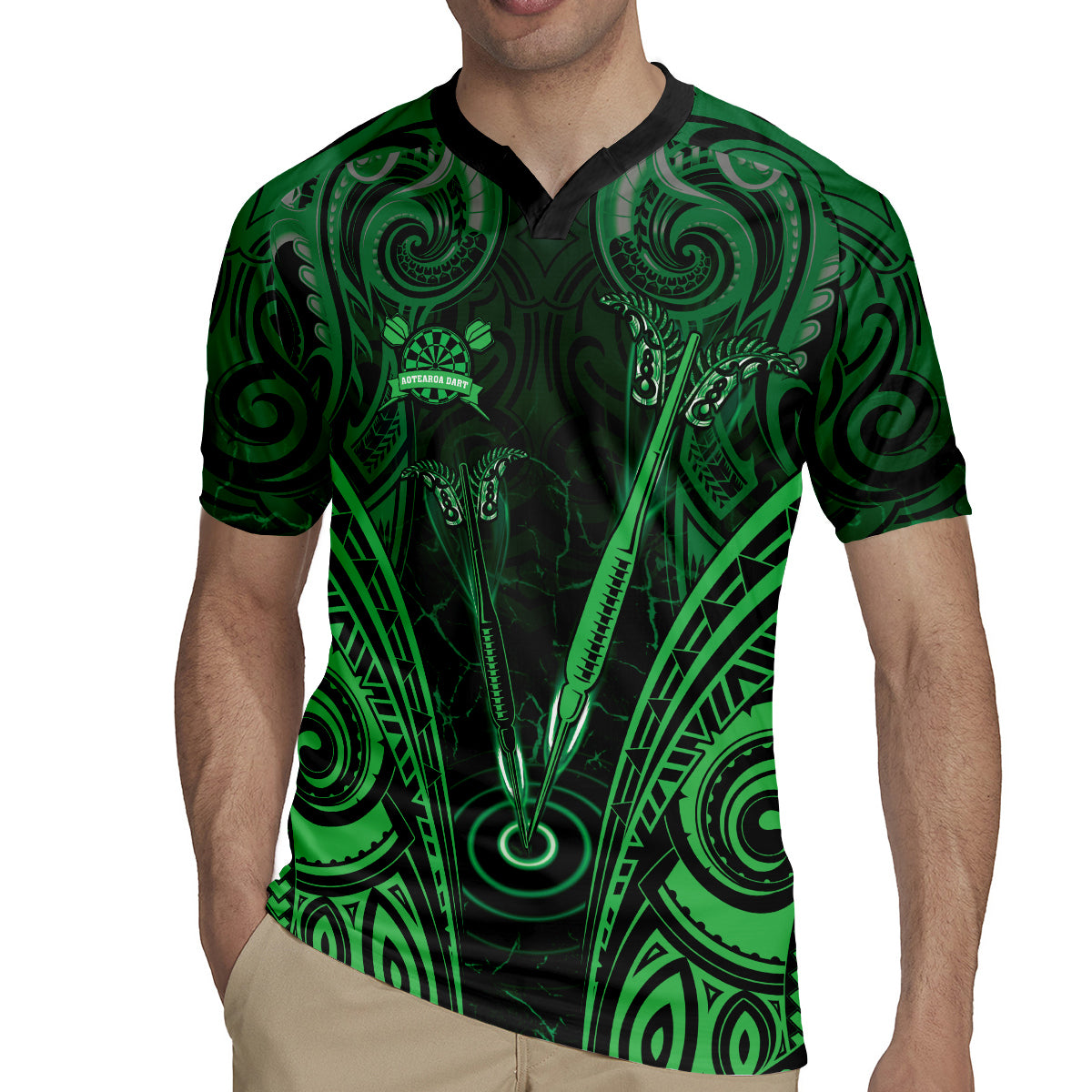 Personalised New Zealand Darts Rugby Jersey Green Dart Board Maori Pattern