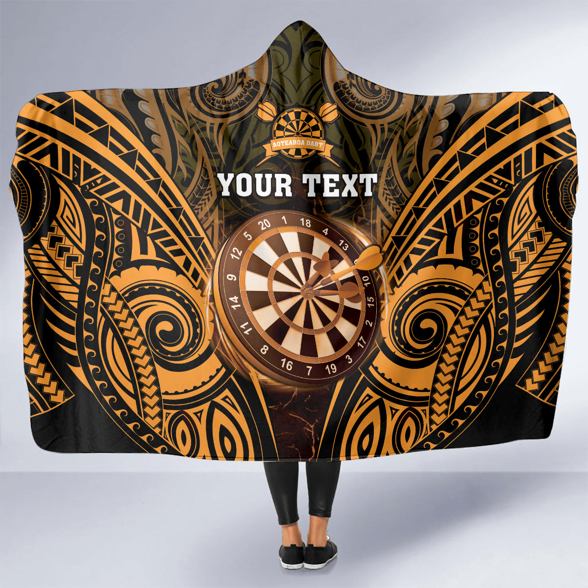 Personalised New Zealand Darts Hooded Blanket Gold Dart Board Maori Pattern