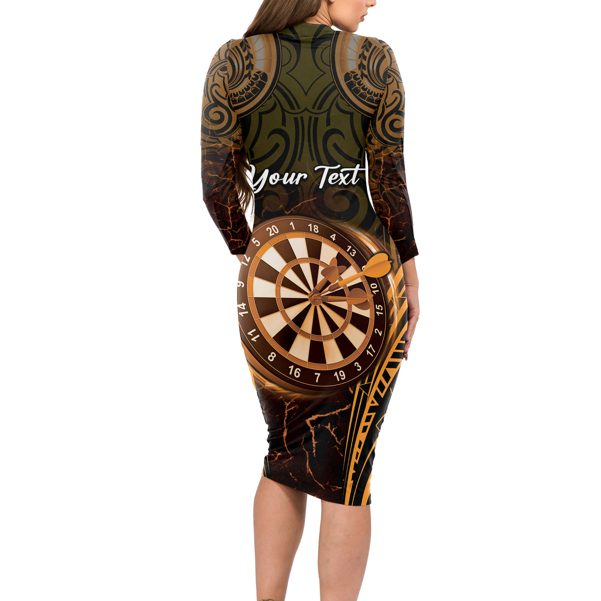 Personalised New Zealand Darts Long Sleeve Bodycon Dress Gold Dart Board Maori Pattern