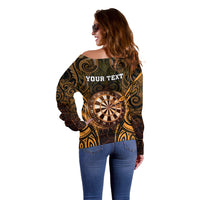 Personalised New Zealand Darts Off Shoulder Sweater Gold Dart Board Maori Pattern