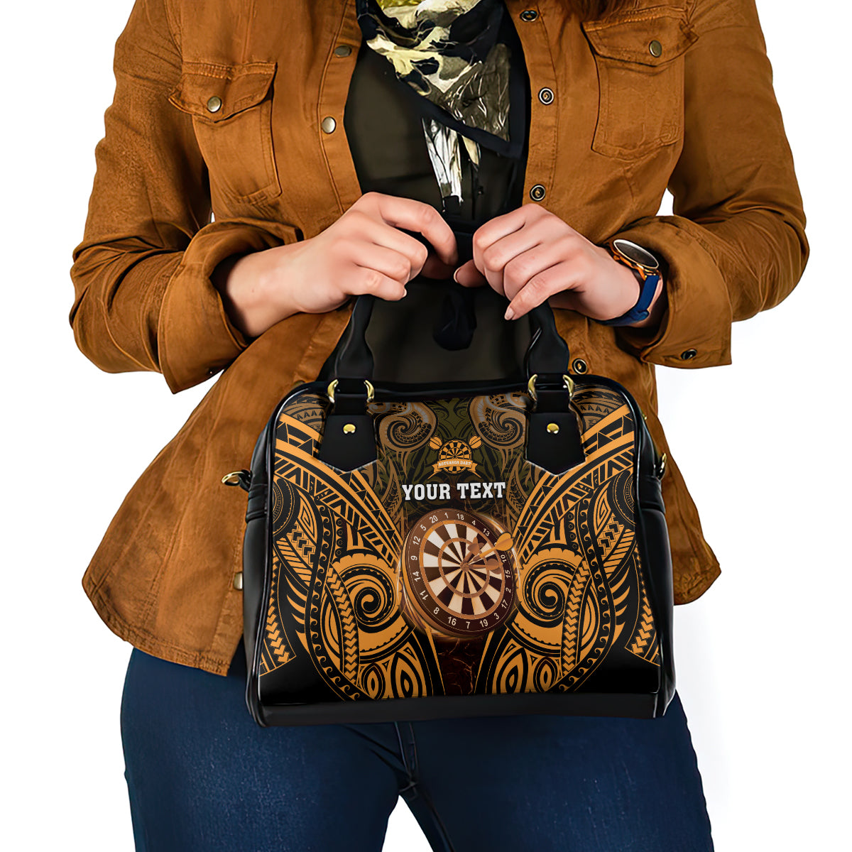 Personalised New Zealand Darts Shoulder Handbag Gold Dart Board Maori Pattern