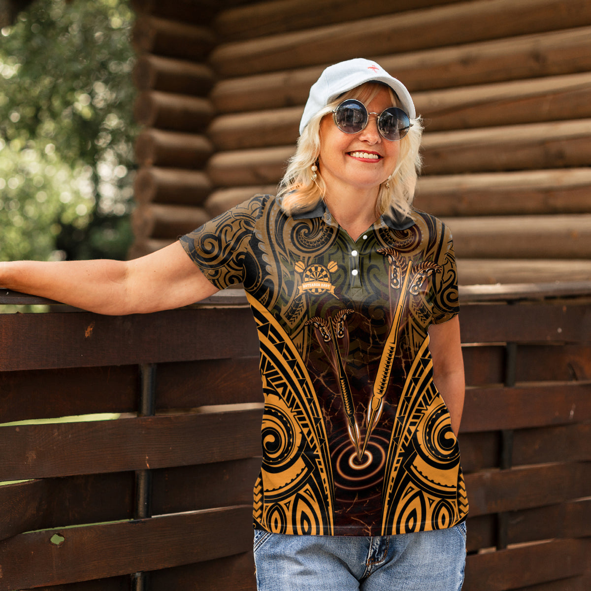 Personalised New Zealand Darts Women Polo Shirt Gold Dart Board Maori Pattern