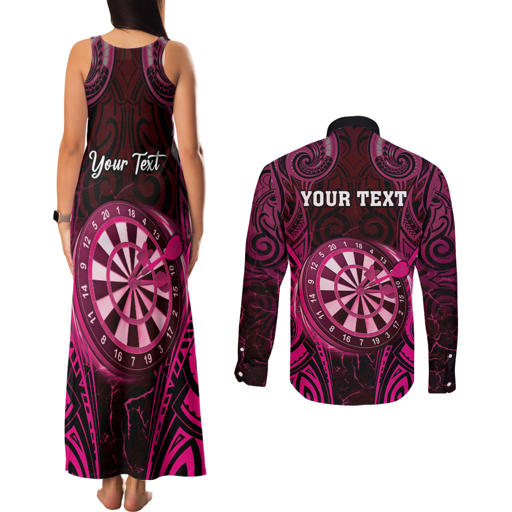 Personalised New Zealand Darts Couples Matching Tank Maxi Dress and Long Sleeve Button Shirt Pink Dart Board Maori Pattern