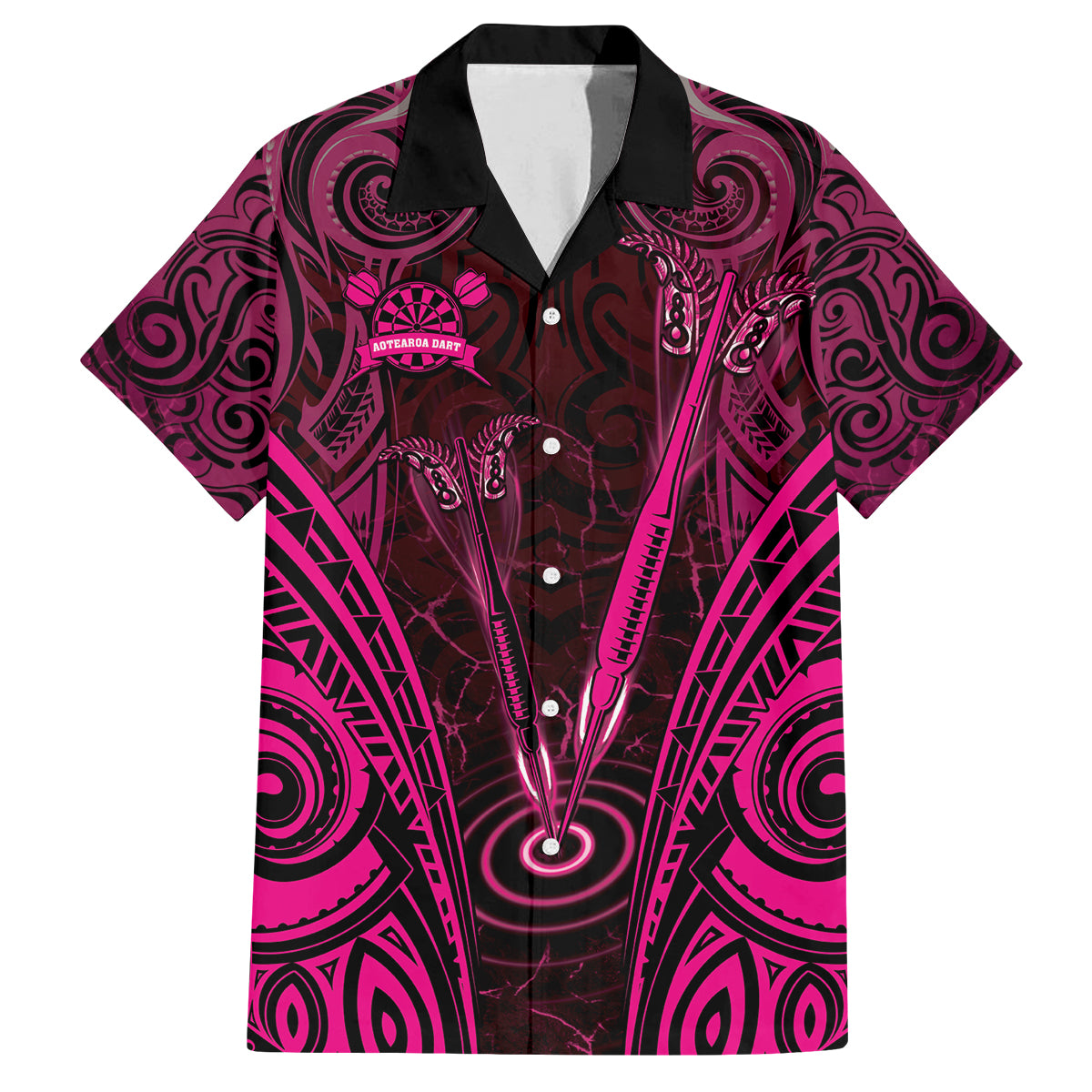 Personalised New Zealand Darts Family Matching Long Sleeve Bodycon Dress and Hawaiian Shirt Pink Dart Board Maori Pattern