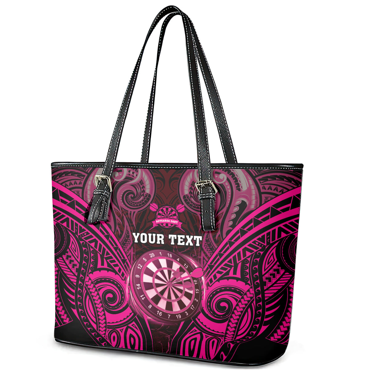 Personalised New Zealand Darts Leather Tote Bag Pink Dart Board Maori Pattern