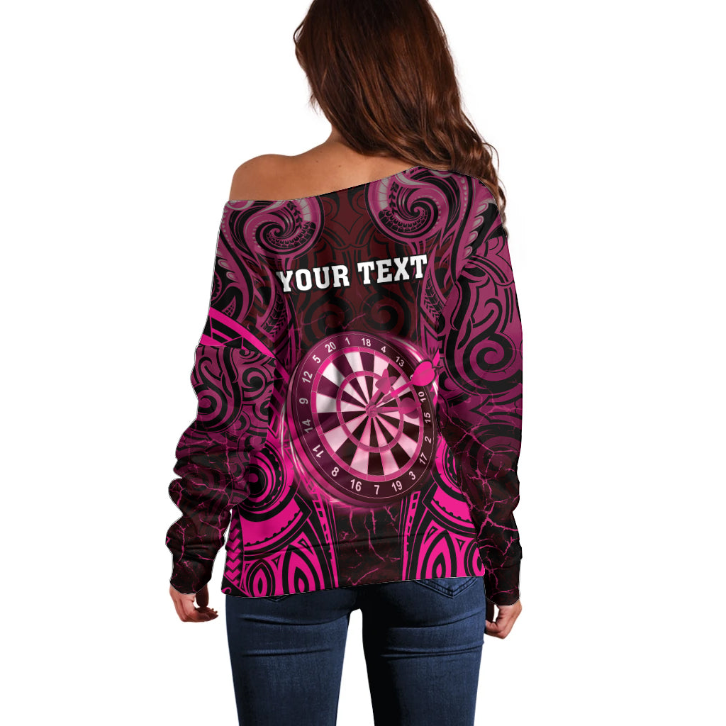 Personalised New Zealand Darts Off Shoulder Sweater Pink Dart Board Maori Pattern