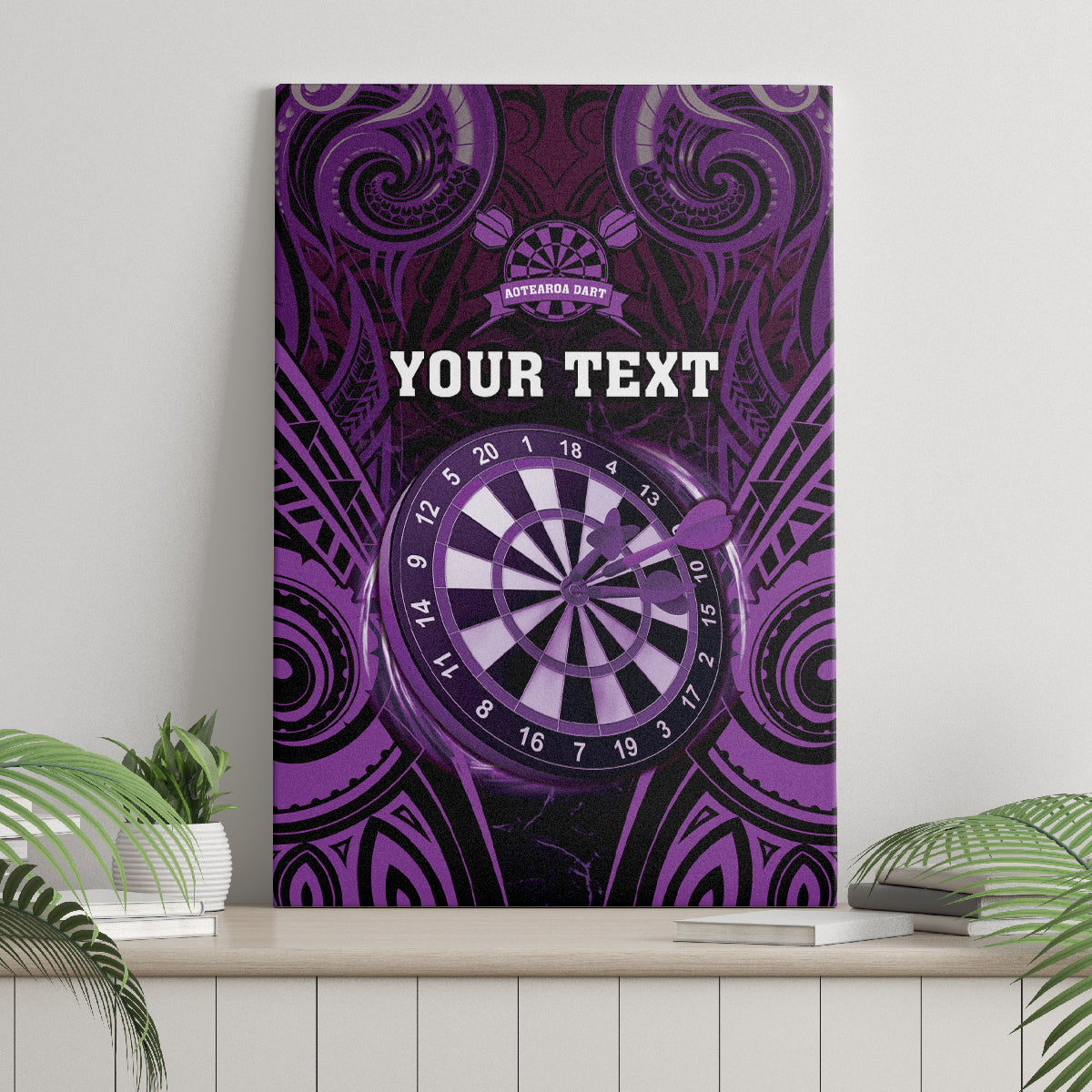 Personalised New Zealand Darts Canvas Wall Art Purple Dart Board Maori Pattern